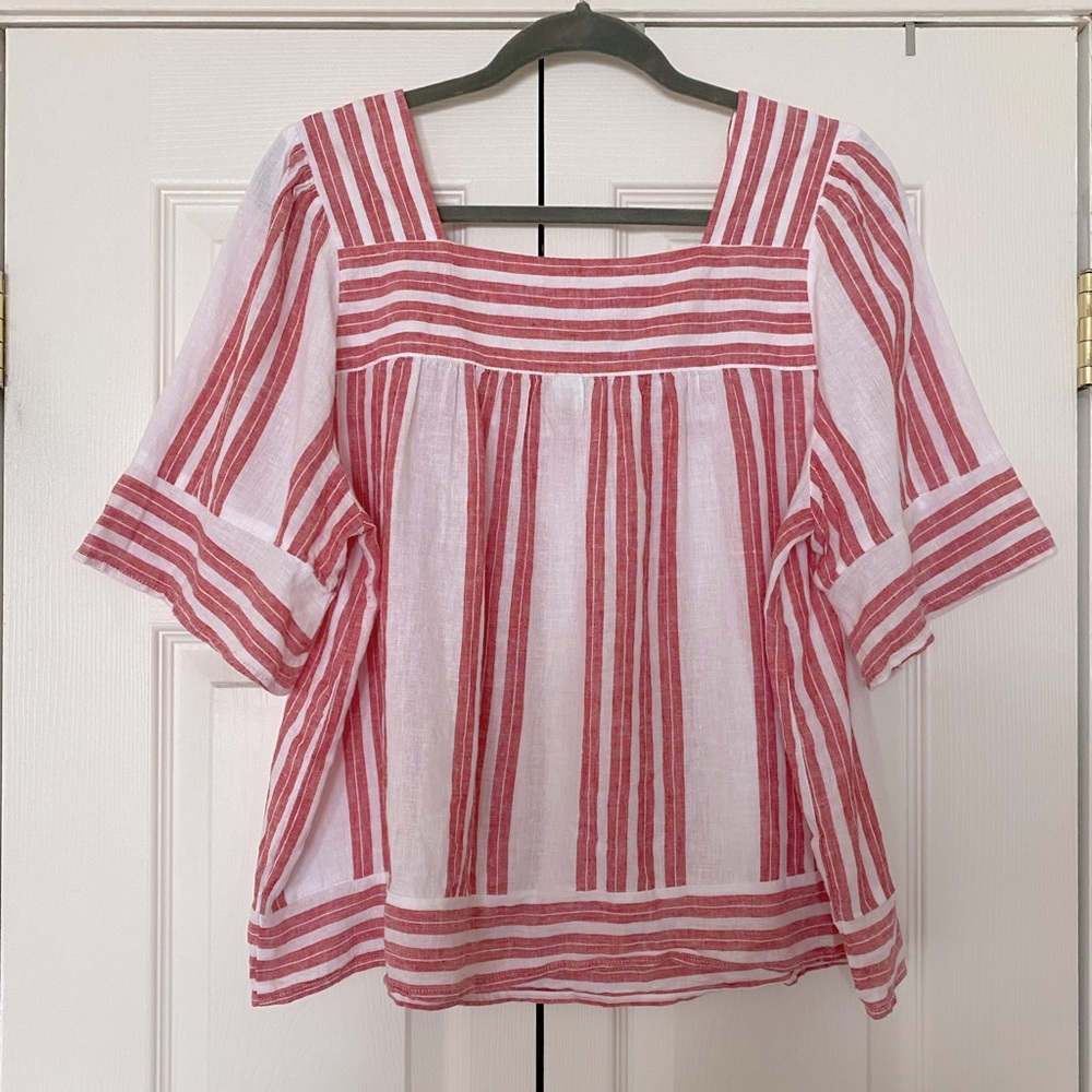 Old Navy Red and White Striped Linen Blend Top Size L